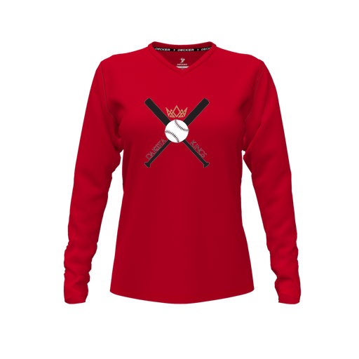 [CUS-DFW-TEES-CMF-VNK-LSL-RED-FYXS-LOGO2] Comfort T-Shirt (Female Youth XS, Red, V Neck, Logo 2, Long Sleeve)