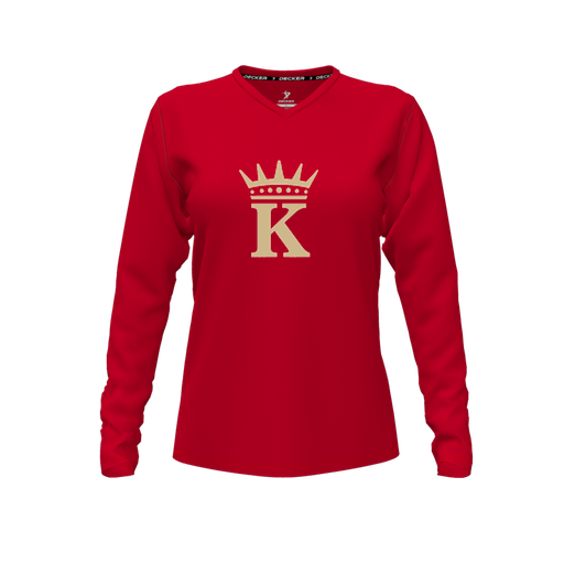 [CUS-DFW-TEES-PER-VNK-LSL-RED-FYXS-LOGO1] Performance T-Shirt (Female Youth XS, Red, V Neck, Logo 1, Long Sleeve)